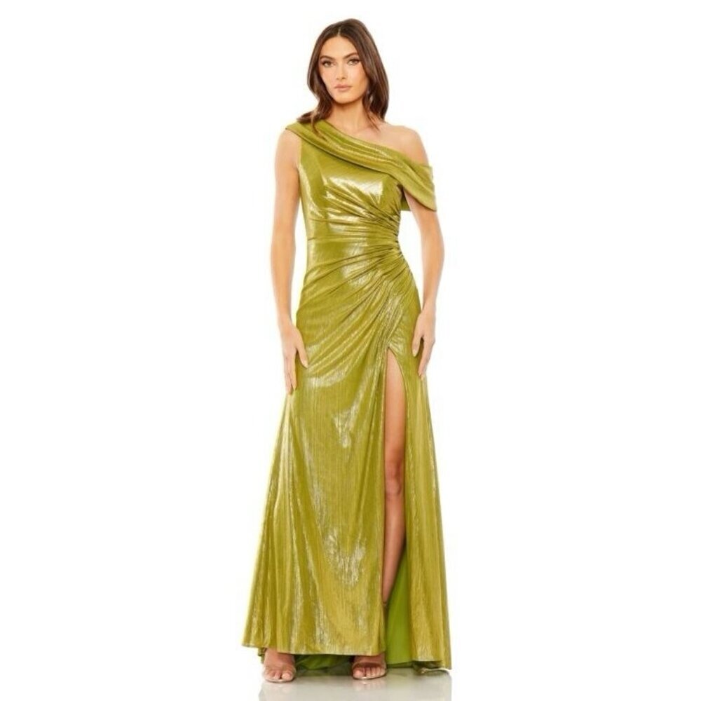 MAC DUGGAL Size 4 Green 27152 OFF THE SHOULDER RUCHED WAIST SLIT METALLIC GOWN